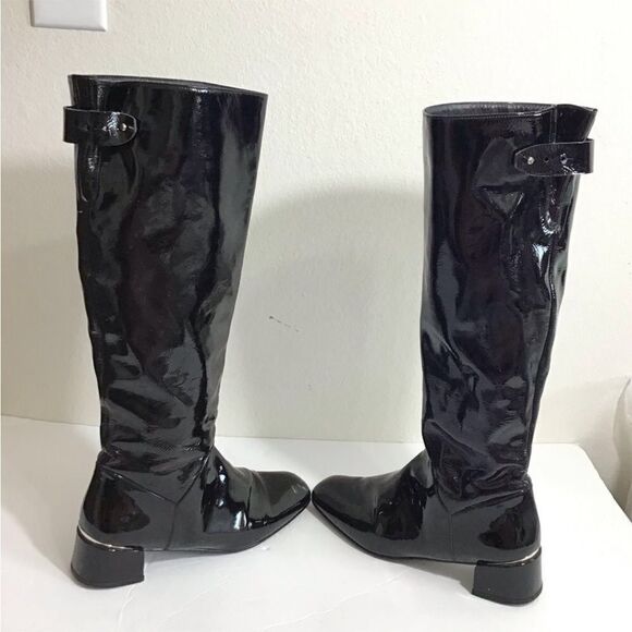 Start Weitzman Boots Black Leather Knee High Patent Leather Block Heel Size 9 - Picture 4 of 16